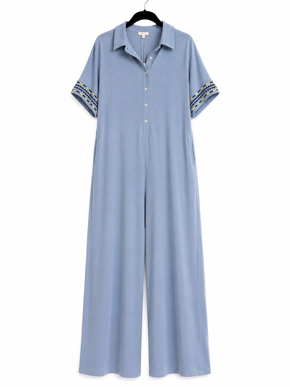 ODDY Light Blue Polo Button-Front Jumpsuit with Embroidered Cuffs